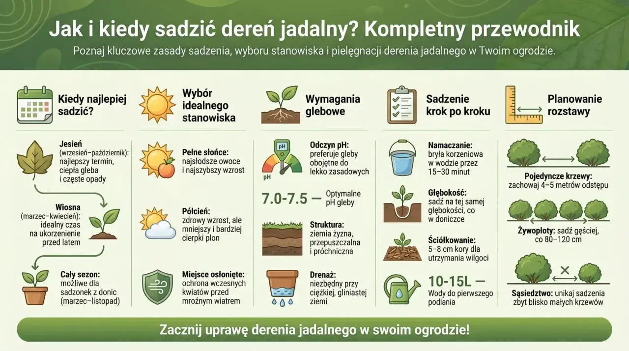 Jesień to najlepszy czas na sadzenie derenia jadalnego, gdy ziemia jest ciepła i wilgotna. Krzewy potrzebują żyznej, przepuszczalnej gleby.