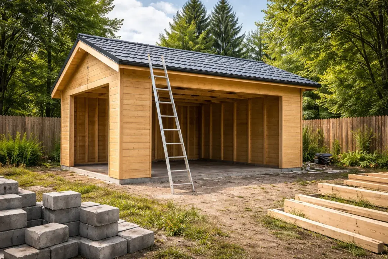 Drewniany garaż wolnostojący projekt w trakcie budowy. Drabina oparta o ścianę, materiały budowlane na placu.
