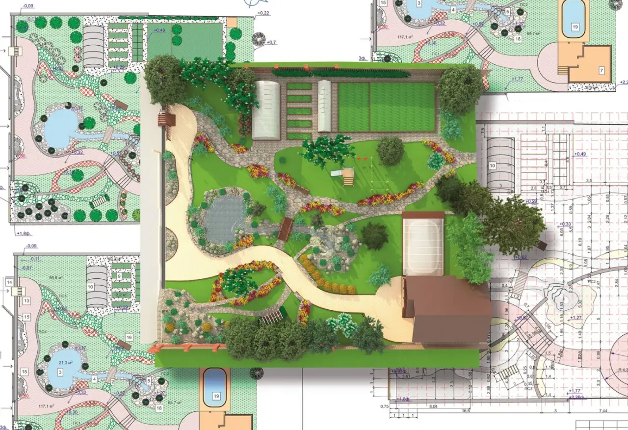 Wizualizacja aranżacji ogrodu z elementami wodnymi, zielenią, domkiem i planami architektonicznymi.