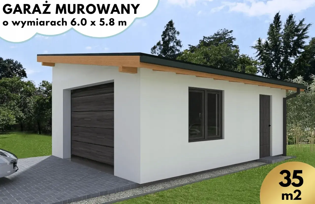 Nowoczesny garaż murowany projekt o wymiarach 6.0 x 5.8 m, z bramą garażową, oknem i drzwiami.