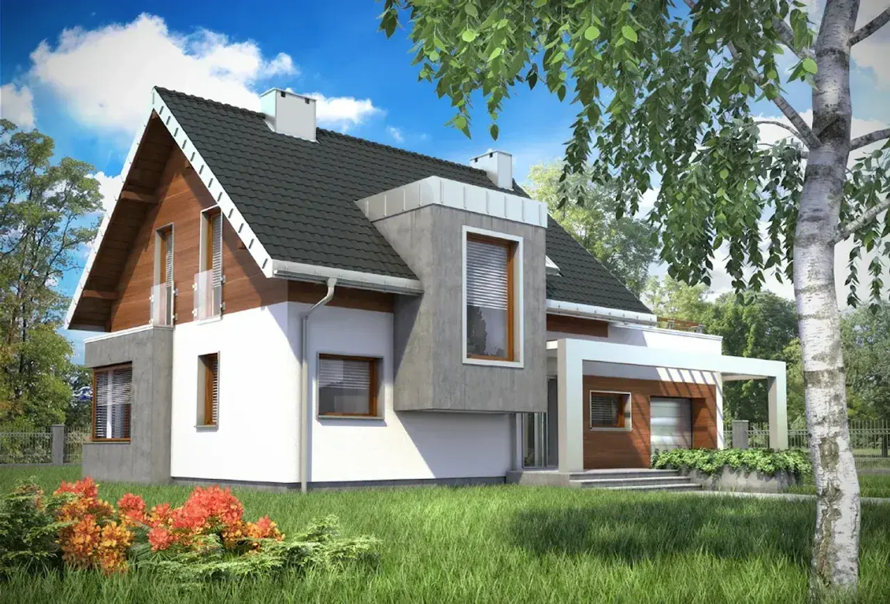 Nowoczesny dom z drewnianymi elementami i betonem, idealny dla rodziny. Projekt domu Lara to marzenie o własnym kącie.