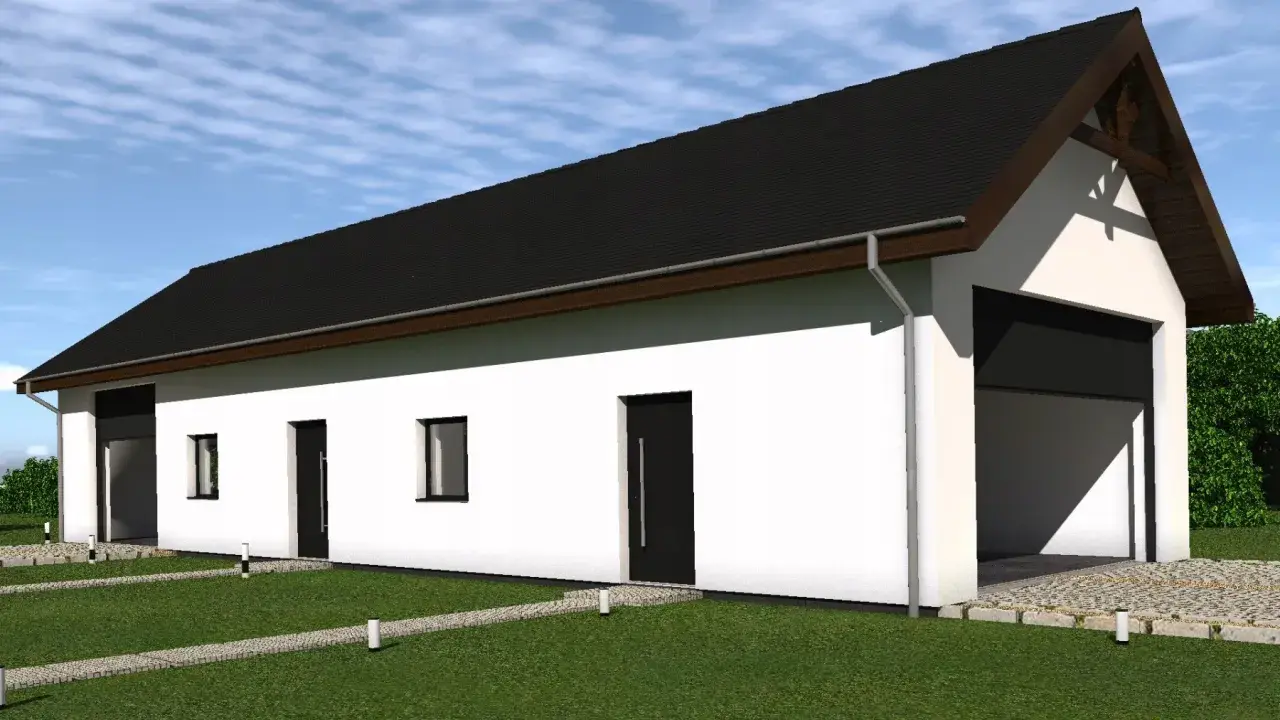 Nowoczesny budynek gospodarczy 100m2 z czarnym dachem i białymi ścianami, z dwoma bramami garażowymi i drzwiami.