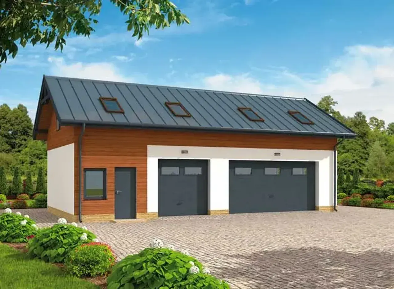 Nowoczesny projekt garażu z poddaszem użytkowym, dwustanowiskowy, z drewnianą elewacją i dachówką.