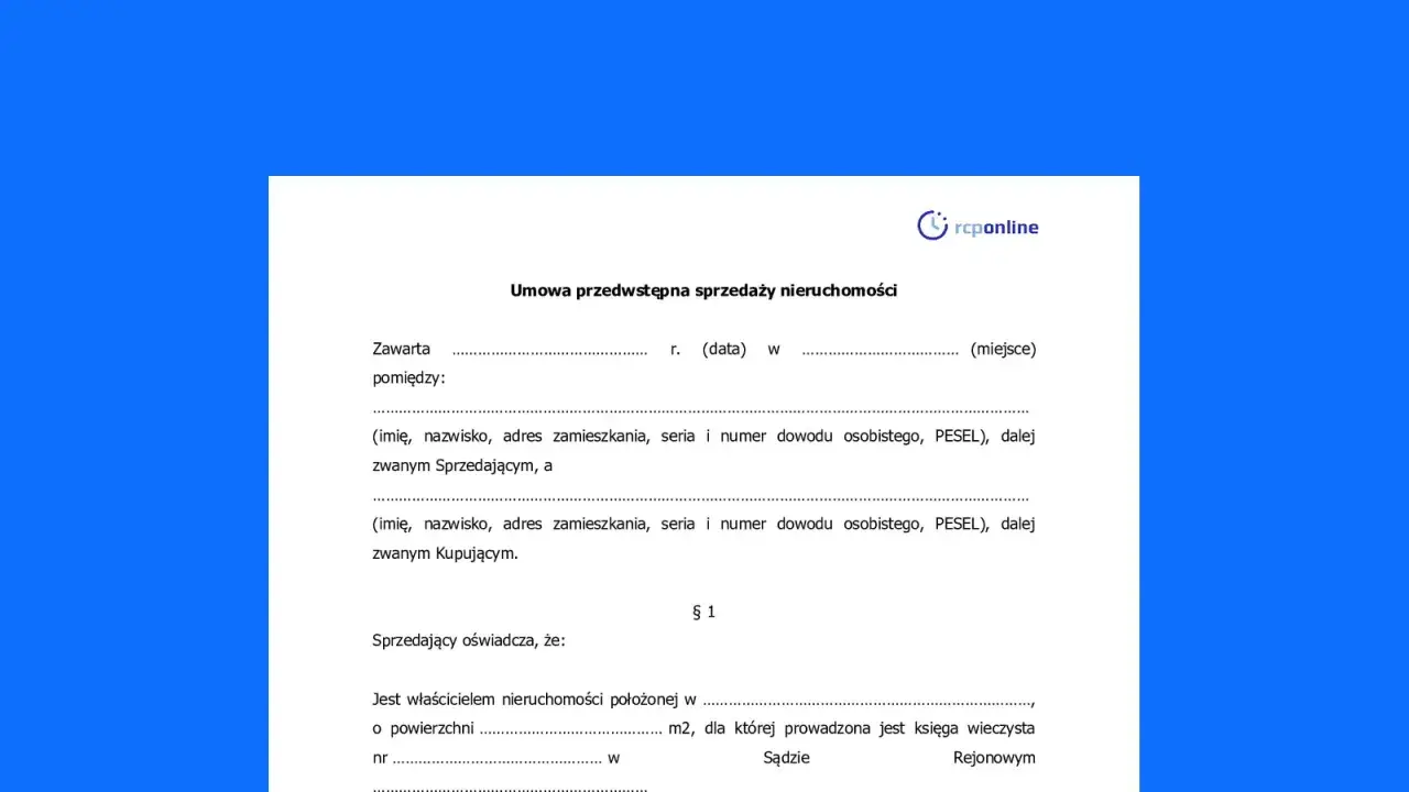 Umowa przedwstępna sprzedaży nieruchomości, zawierająca dane sprzedającego i kupującego, powierzchnię działki oraz numer księgi wieczystej.