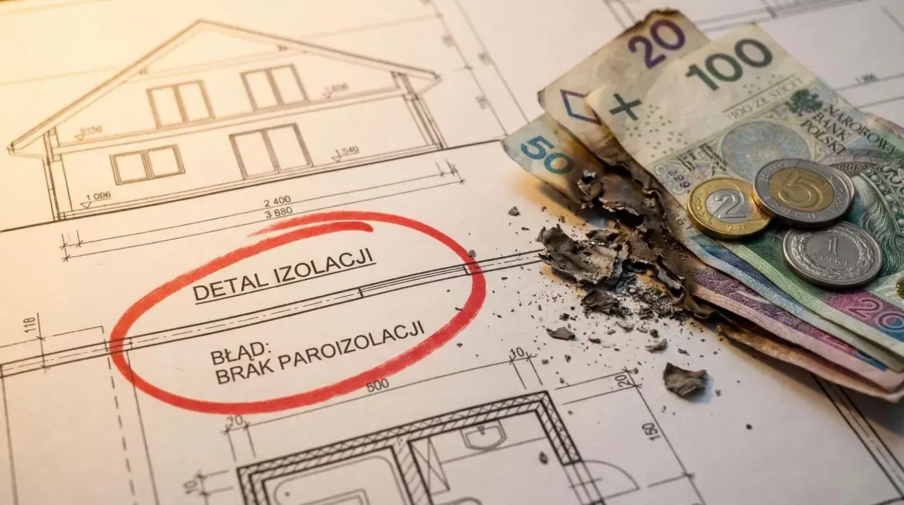 Błąd w projekcie budowlanym: brak paroizolacji. Spalone pieniądze symbolizują koszty naprawy. Różne przegrody budowlane rodzaje wymagają starannego planowania.