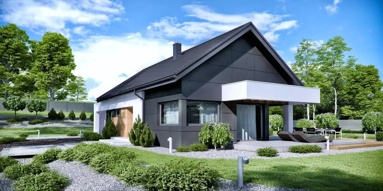 Nowoczesny dom, projekt home koncept 44, z czarną elewacją i białymi detalami, otoczony zielenią i zadbanym ogrodem.