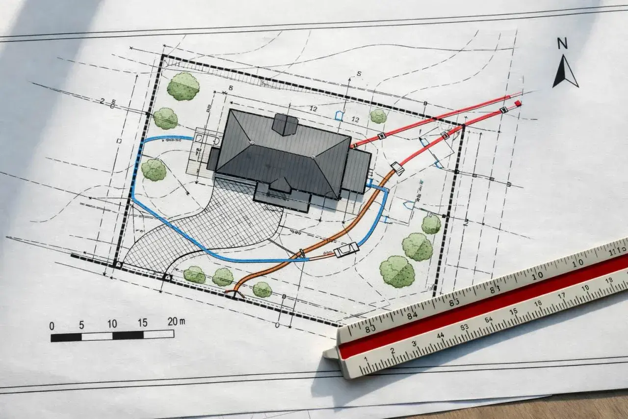Projekt zagospodarowania terenu z domem, drogą dojazdową, drzewami i zaznaczonymi instalacjami. Linijka geodezyjna podkreśla skalę.