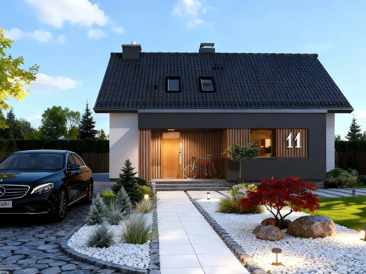 Nowoczesny dom z podjazdem, czarnym Mercedesem i rowerem przy drzwiach. Projekt domidea 60 dg.