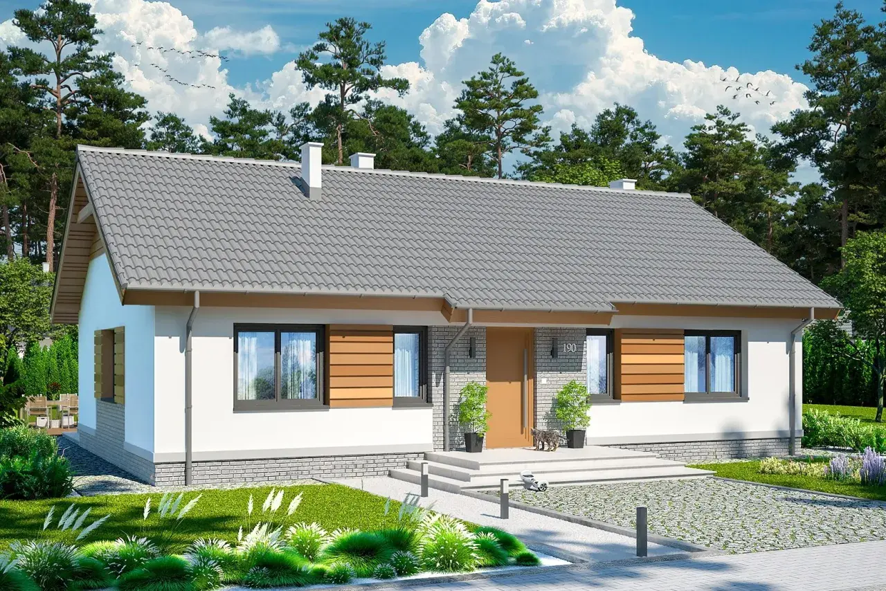 Uroczy, nowoczesny dom parterowy do 50m2 z drewnianymi elementami i zadbanym ogrodem.