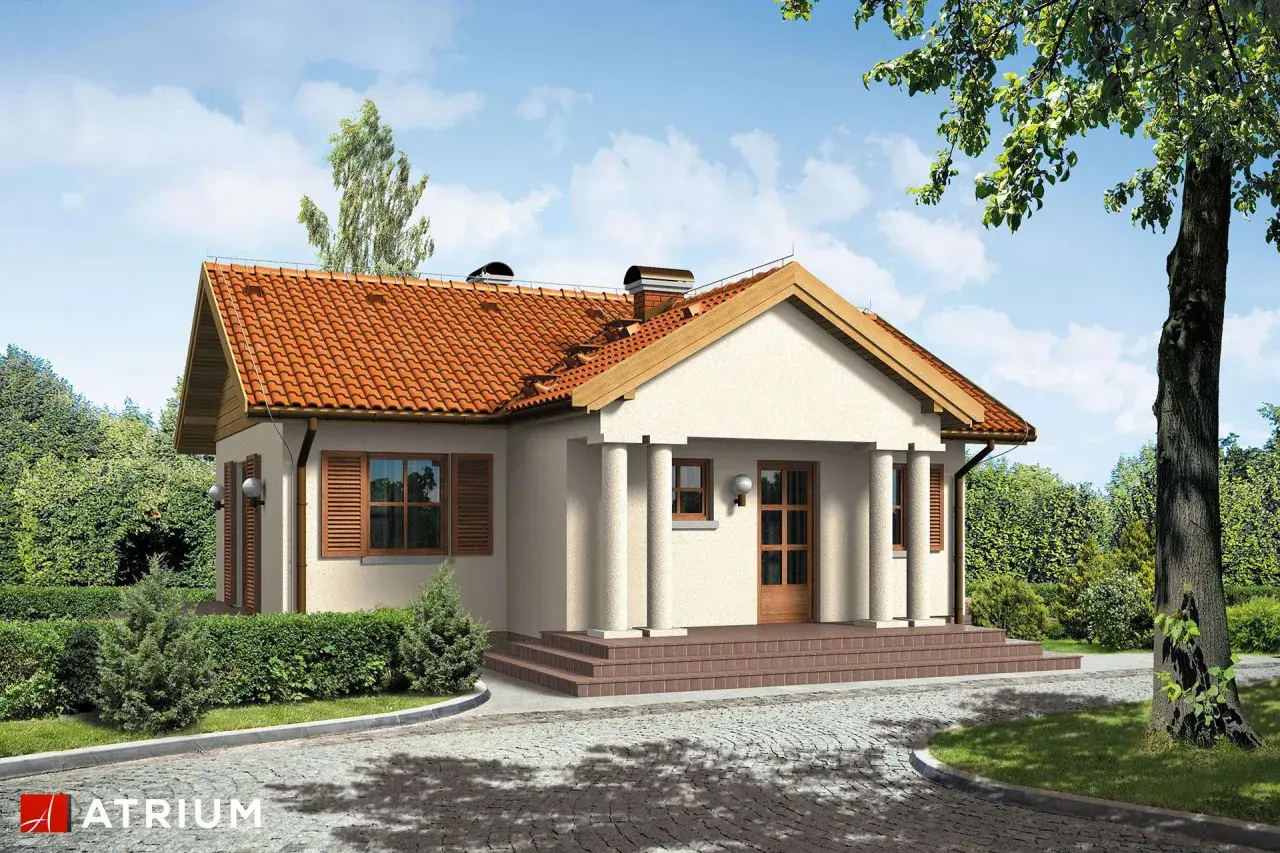 Uroczy mały dworek projekt z czerwoną dachówką, kolumnowym wejściem i drewnianymi okiennicami, otoczony zielenią.