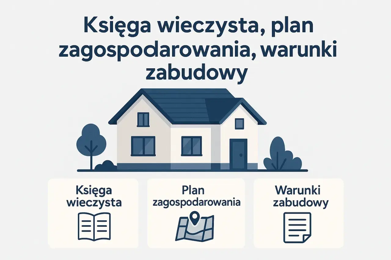 Ilustracja domu z ikonami: księga wieczysta, plan zagospodarowania, warunki zabudowy. Kluczowe dokumenty do budowy.