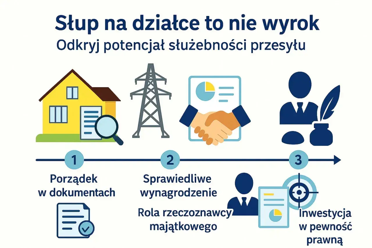Ilustracja pokazuje kroki do ustalenia, ile żądać za służebność przesyłu: porządek w dokumentach, sprawiedliwe wynagrodzenie i inwestycja w pewność prawną.