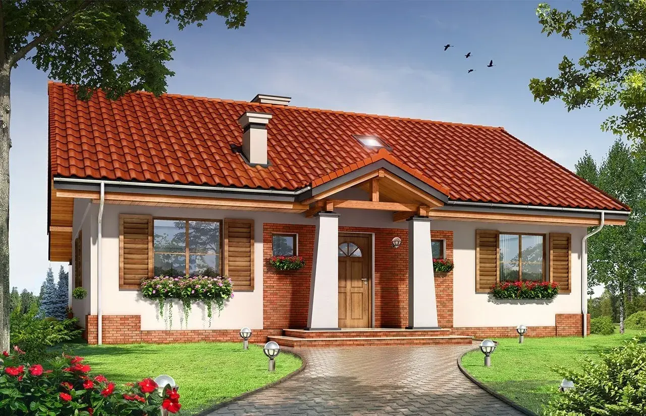 Urokliwy projekt domu Niezapominajka z czerwoną dachówką, białymi kolumnami i drewnianymi okiennicami. Otoczony zielenią i kwiatami.