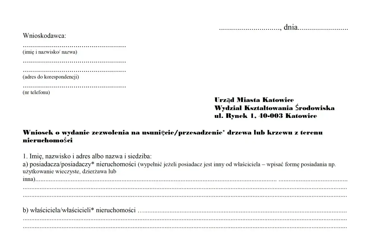 Formularz wniosku o zezwolenie na wycinkę drzew lub krzewów z terenu nieruchomości.