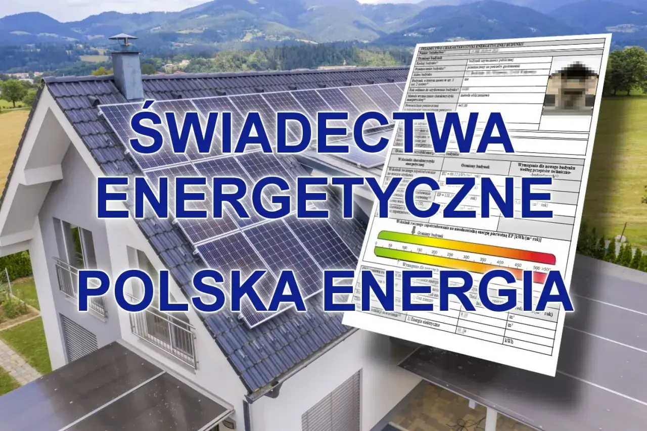Dom z panelami słonecznymi i dokumentem certyfikat energetyczny mieszkania. Polska energia.