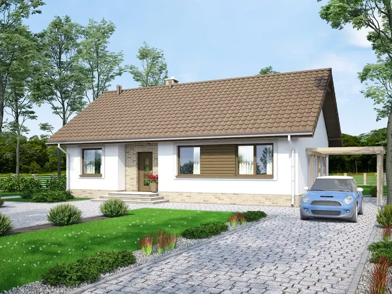 Uroczy dom jednorodzinny, projekt Mokka 3, z niebieskim autkiem pod drewnianą wiatą.