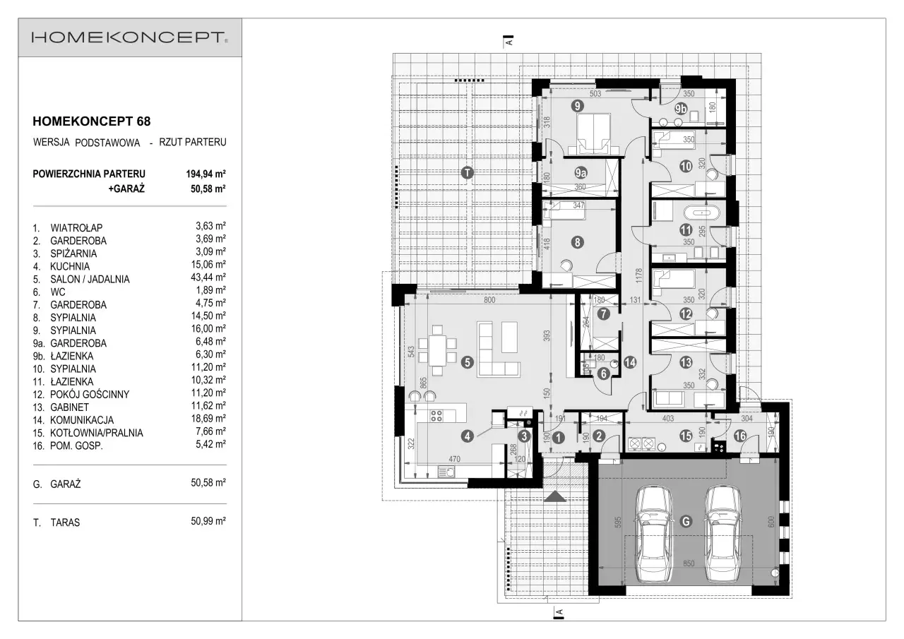 Rzut parteru projektu domu rodzinnego HOMEKONCEPT 68 z garażem.