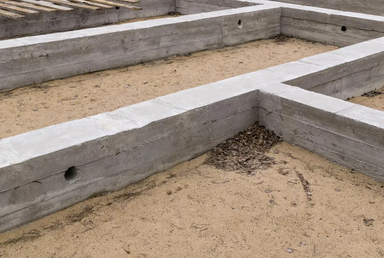 Betonowe fundamenty, czyli stan zero budynku, tworzą zarys przyszłego domu. Piasek i suche liście wypełniają przestrzeń.