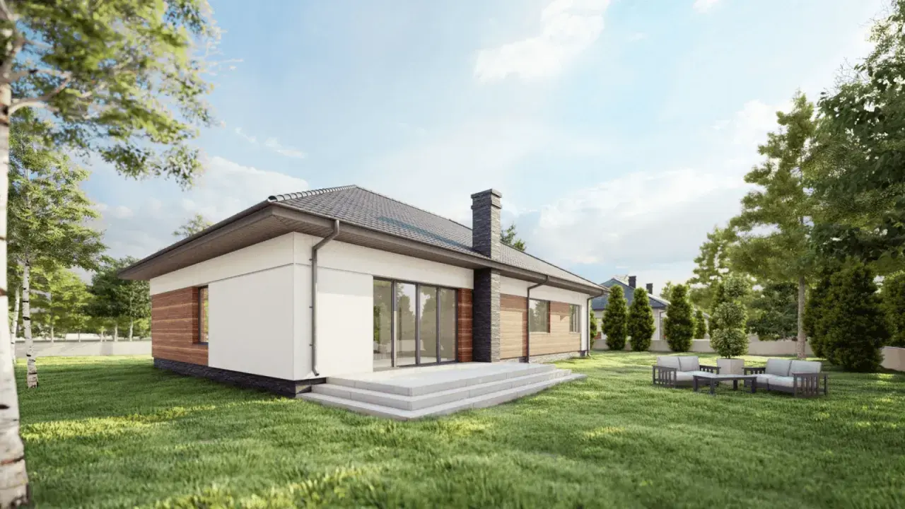 Nowoczesny projekt domu 160m2 z dużymi przeszkleniami i tarasem. W ogrodzie wypoczynkowa strefa z meblami.