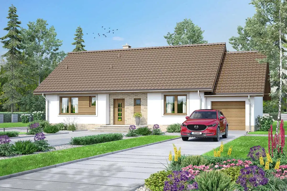 Nowoczesny dom z garażem, projekt domu Mokka 5, z czerwonym SUV-em na podjeździe i kwitnącym ogrodem.
