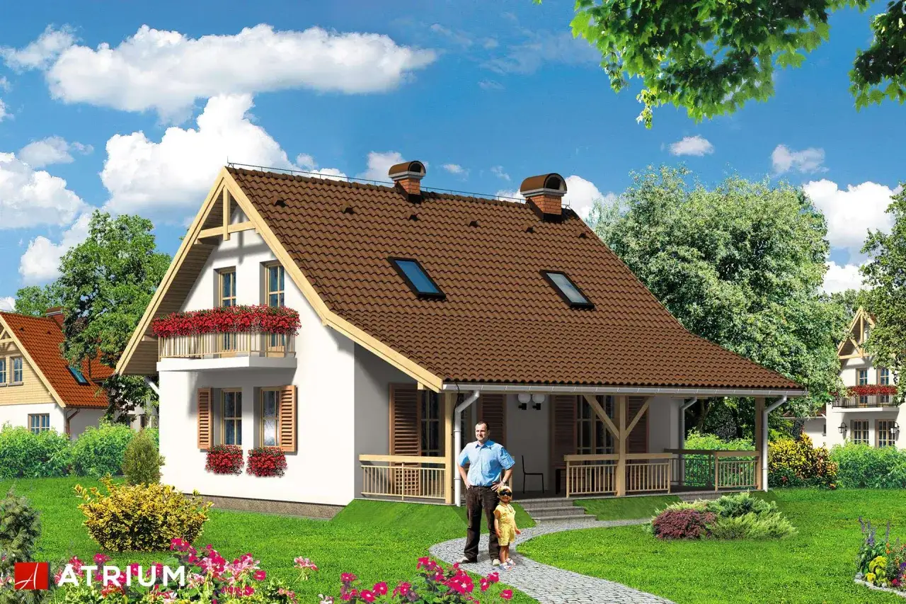 Urokliwy projekt domu Mikrus z werandą i balkonem, otoczony zielenią.