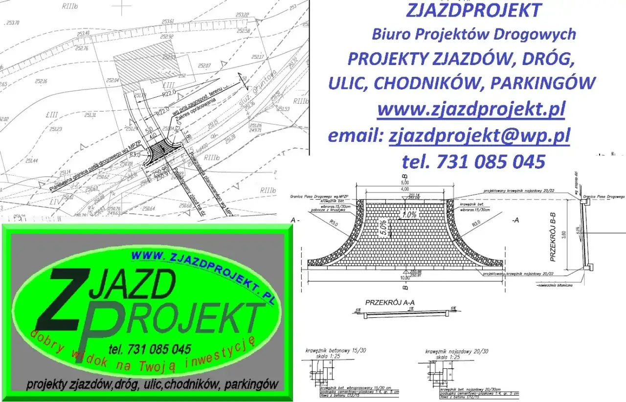 Plan drogowy z przekrojami zjazdów i chodników, logo firmy Zjazdprojekt.
