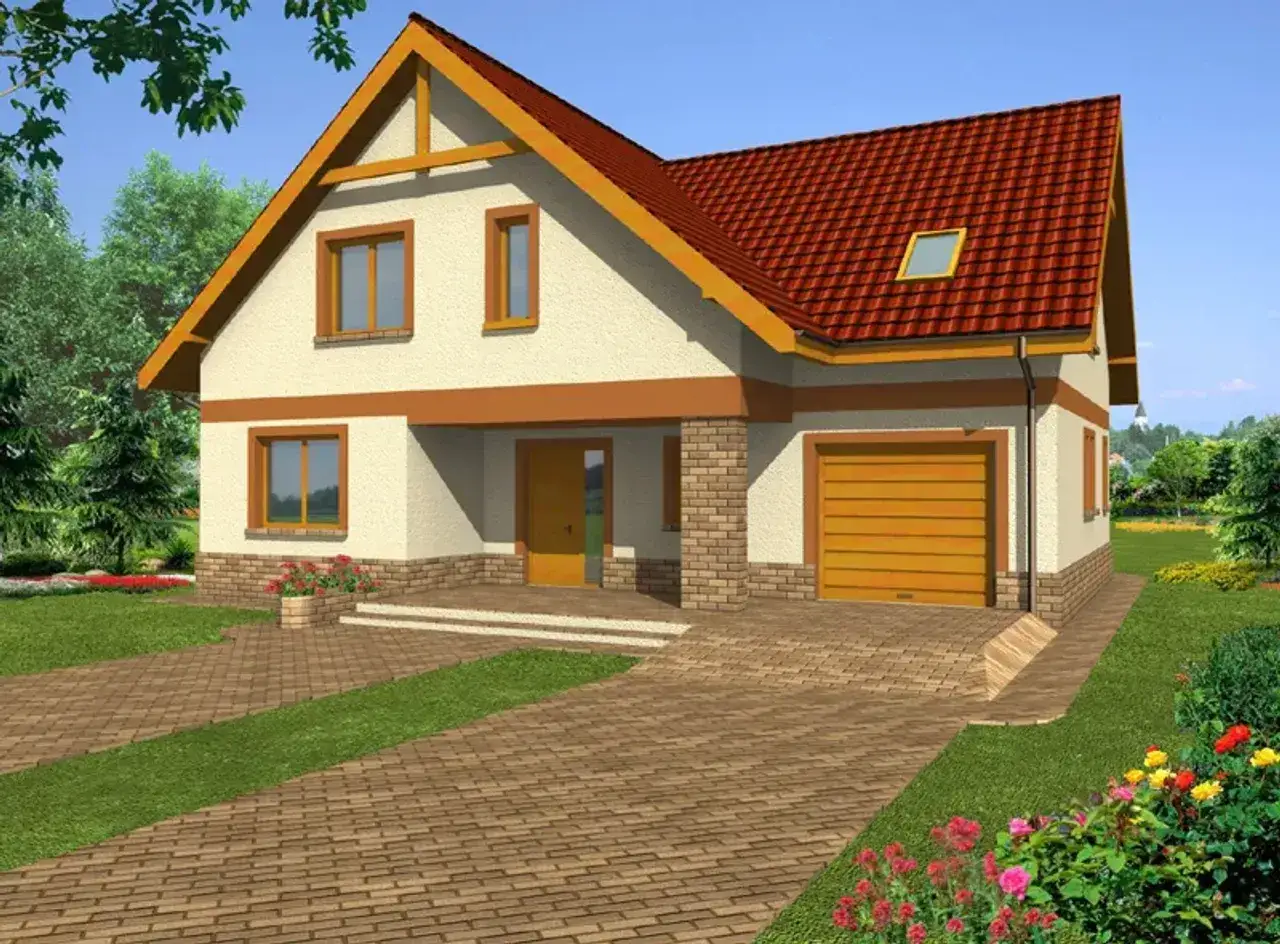 Projekt domu Anita: przytulny dom z garażem, czerwoną dachówką i żółtą bramą, otoczony zielenią i kwiatami.