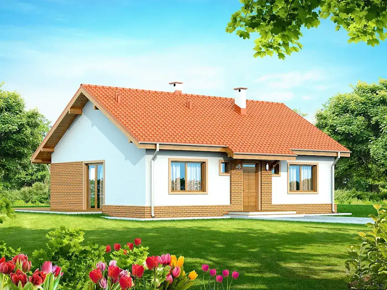 Urokliwy dom jednorodzinny, projekt domu Santia, z czerwonym dachem i ceglanymi detalami, otoczony zielonym ogrodem z kwitnącymi tulipanami.