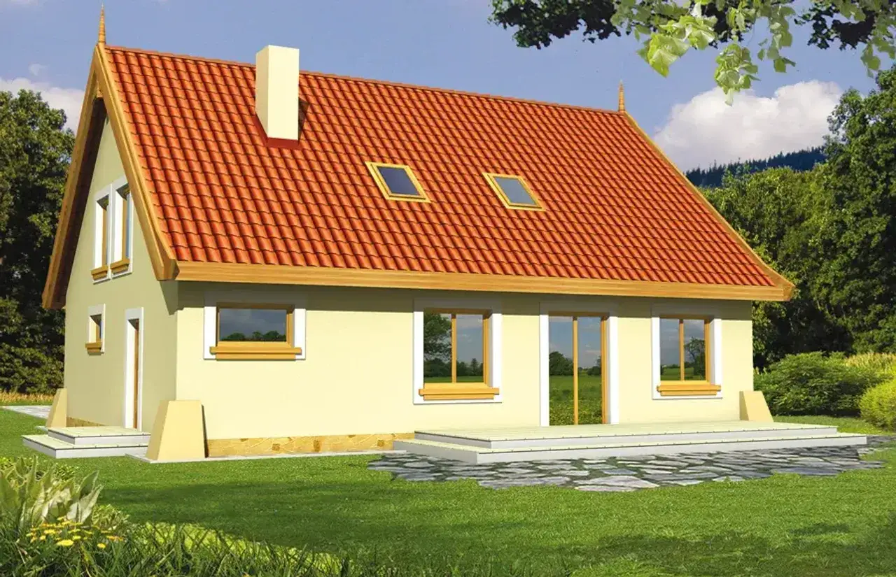 Jasny dom z czerwonym dachem, okna i drzwi. Projekt domu Gracjan, otoczony zielenią.