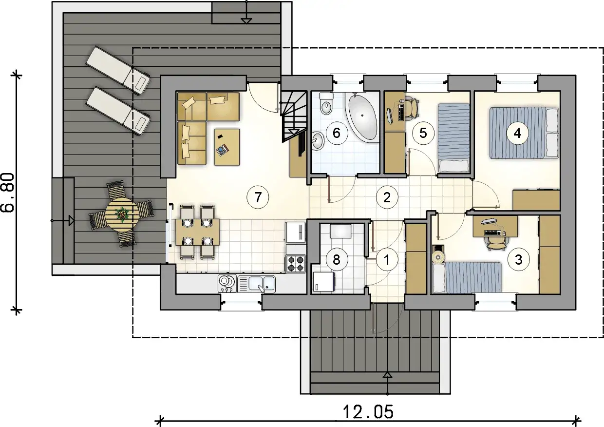 Sensowny plan piętra: salon z wyjściem na taras, kuchnia, 3 sypialnie, łazienka i toaleta.