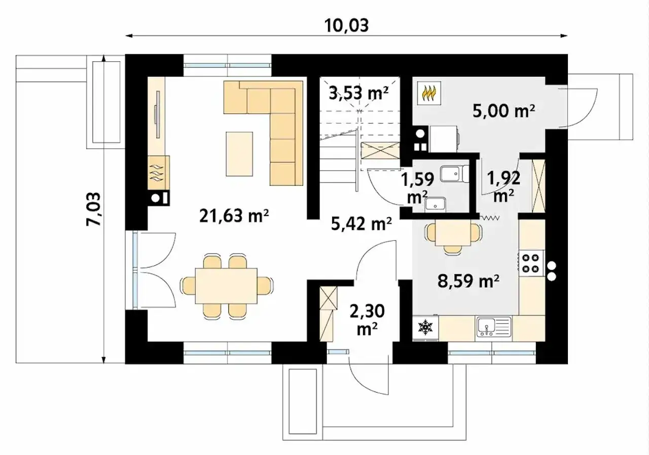 Rzut parteru projektu domu Gucio: salon 21,63 m², kuchnia 8,59 m², łazienka 1,59 m², schody 3,53 m², hol 5,42 m², WC 2,30 m², pokój 5,00 m², pomieszczenie gospodarcze 1,92 m².
