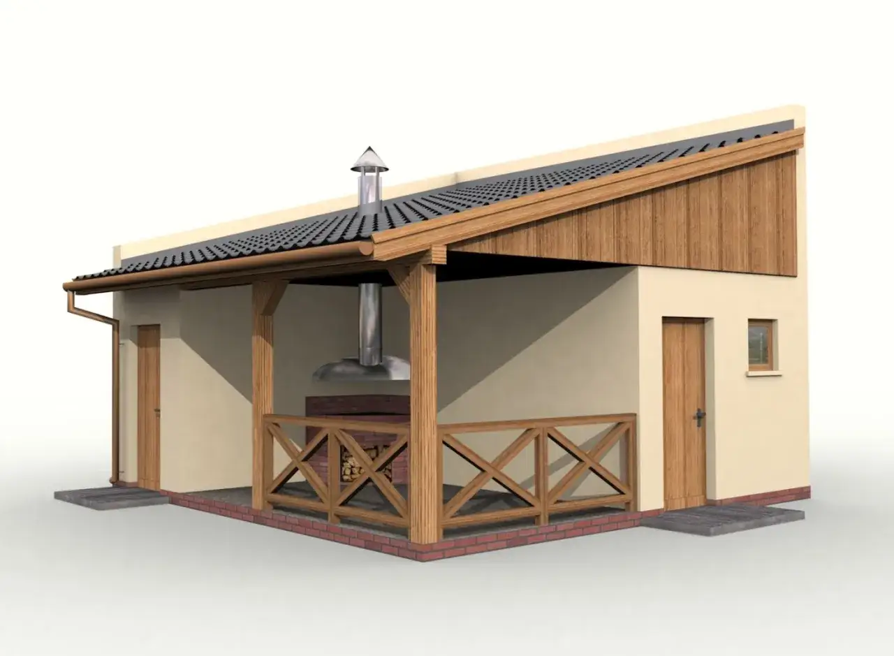 Projekt budynku gospodarczego jednospadowego z zadaszoną wiatą, grillem i drewnianą balustradą.