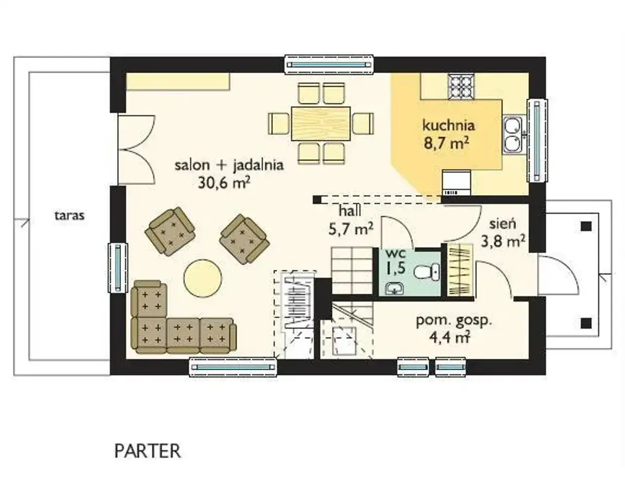 Rzut parteru projektu domu Adaś: salon z jadalnią, kuchnia, hall, WC, sień, pom. gosp. i taras.
