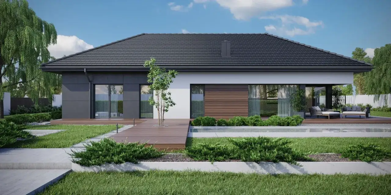 Nowoczesny dom z drewnianym tarasem i basenem. Projekt homekoncept 36 wariant 1 to marzenie o komforcie i stylu.