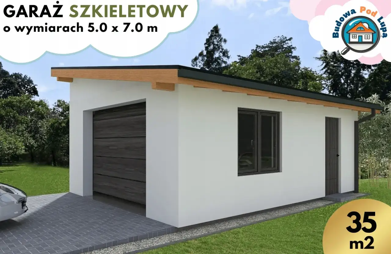 Nowoczesny garaż jednospadowy konstrukcja, 5x7m, z bramą segmentową i oknem. Idealny na 35m².