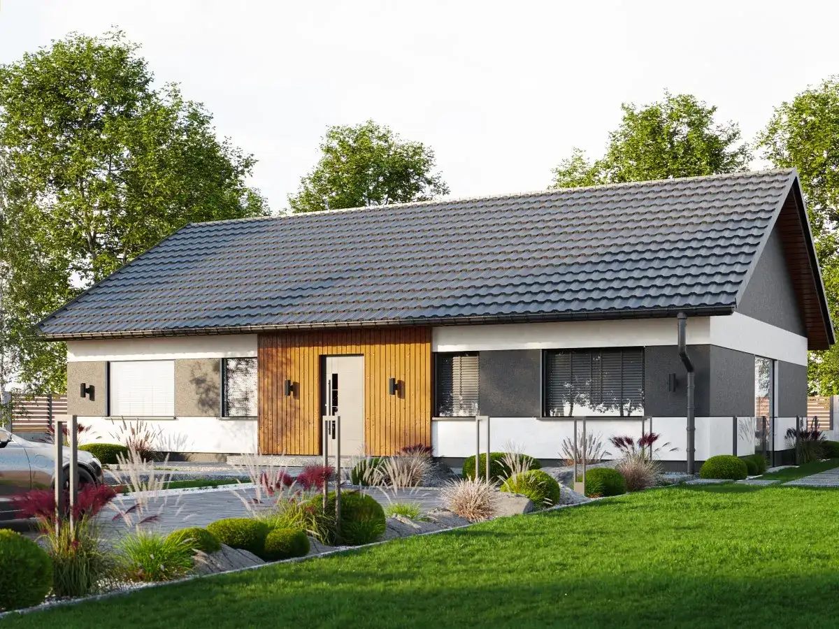Nowoczesny dom 100m2 z garażem, z drewnianą elewacją przy wejściu. Piękny ogród z trawami ozdobnymi i zadbanym trawnikiem.