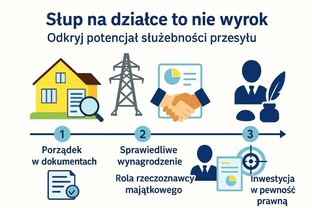 Jak ustalić, ile żądać za służebność przesyłu? Schemat pokazuje kroki: porządek w dokumentach, sprawiedliwe wynagrodzenie z rzeczoznawcą i inwestycja w pewność prawną.