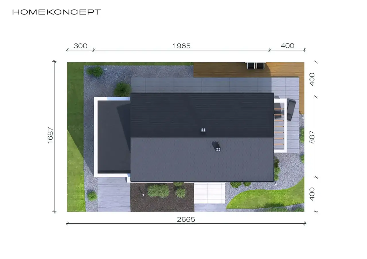 Koncepcja domu HOMEKONCEPT 44 z wymiarami, widok z góry na bryłę budynku, taras i otoczenie.