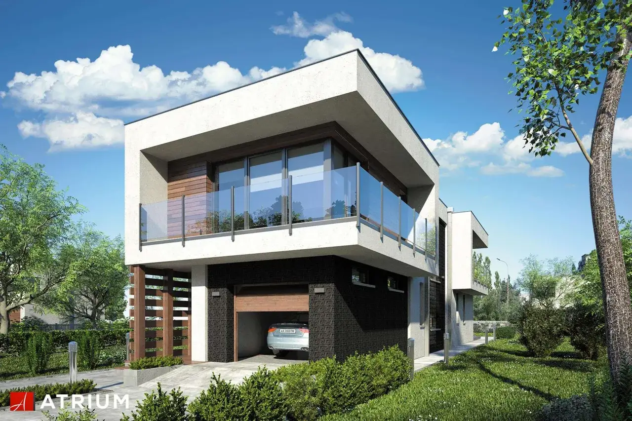Nowoczesny projekt domu piętrowego z garażem i balkonem. Elegancka bryła, duże przeszklenia, drewniane elementy.