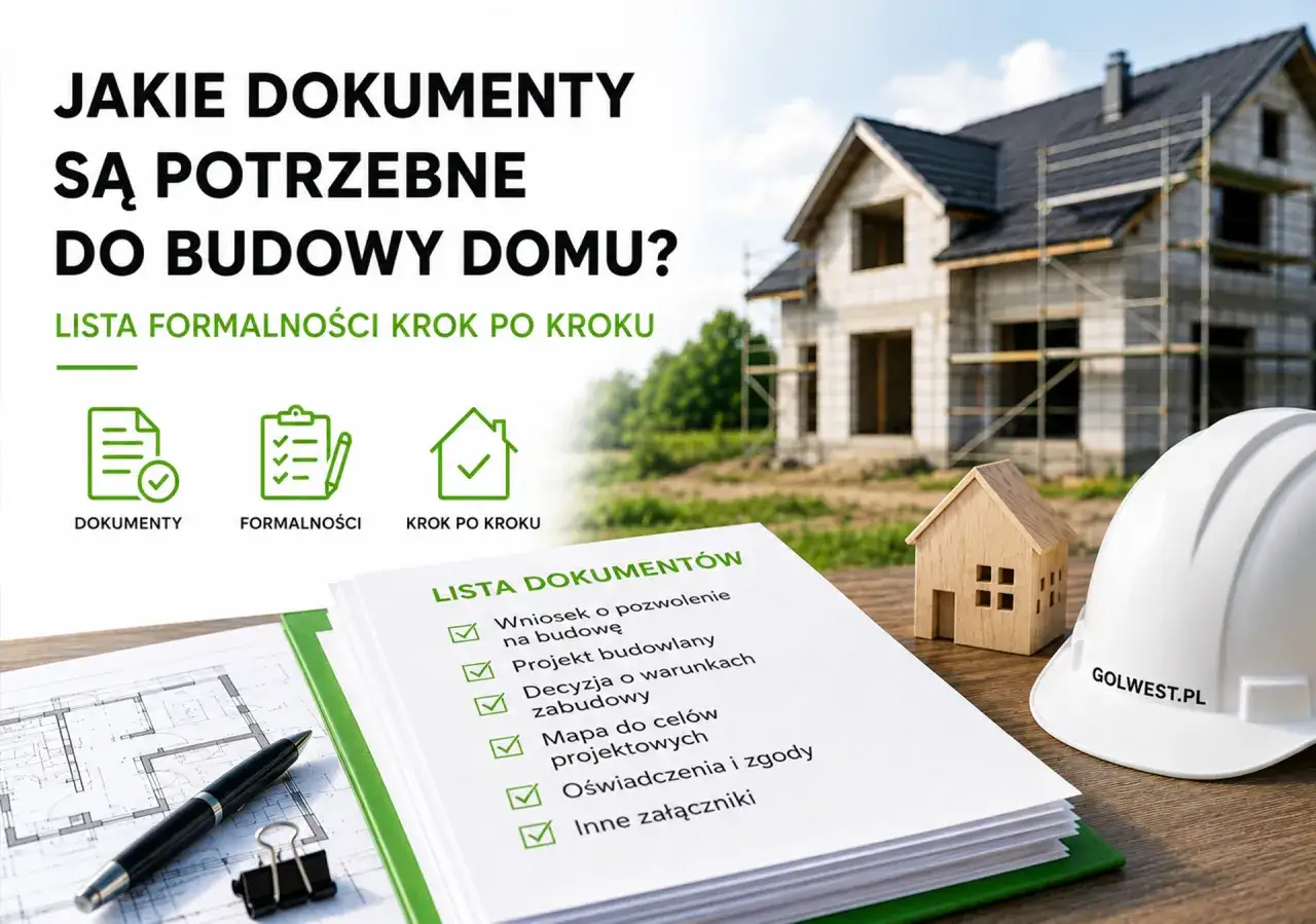 Dom w budowie, lista dokumentów, kask budowlany i makieta domu.