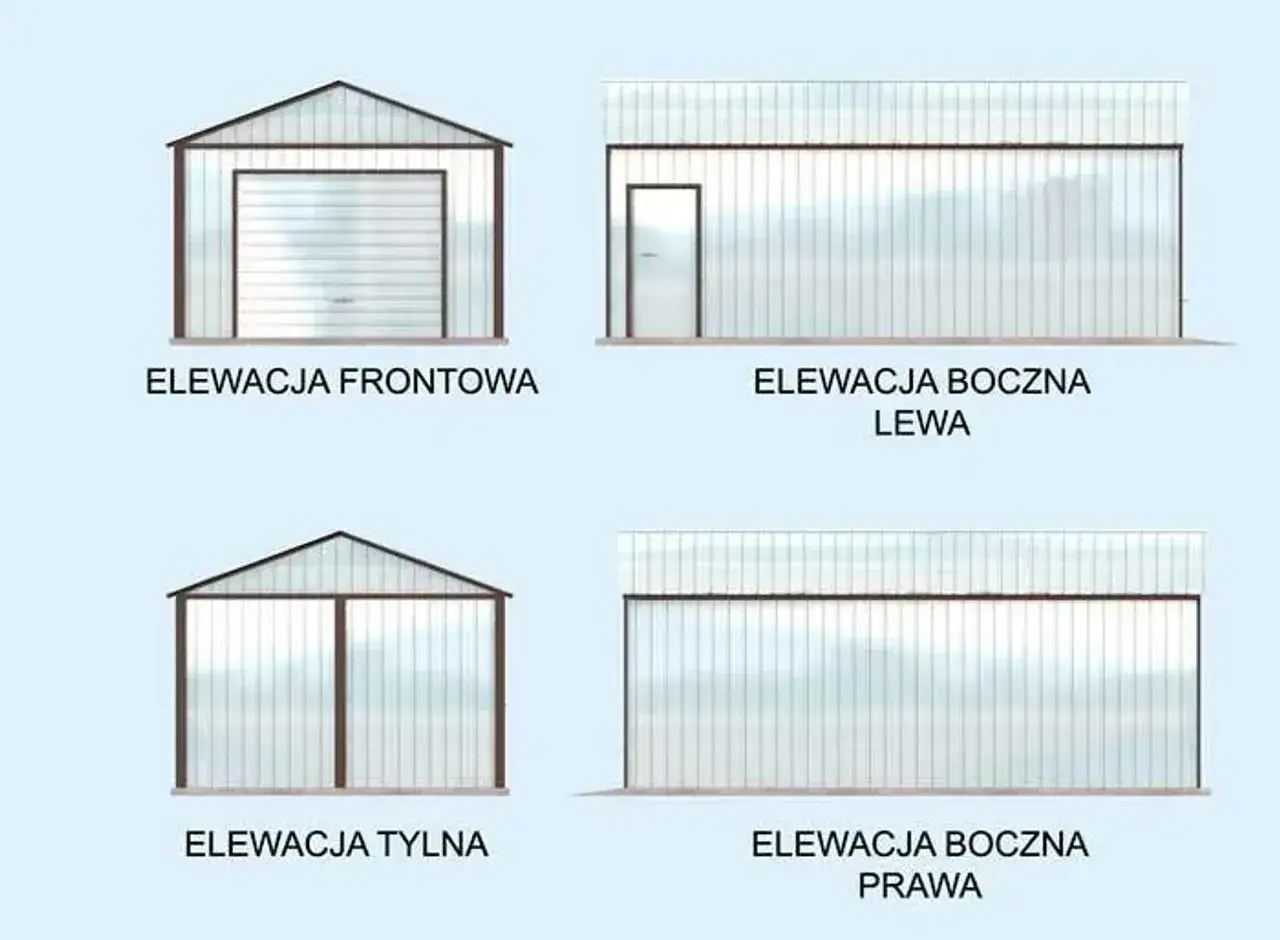 Różne elewacje projektu garażu blaszanego: frontowa z bramą, tylna z dwoma skrzydłami, lewa i prawa z drzwiami.