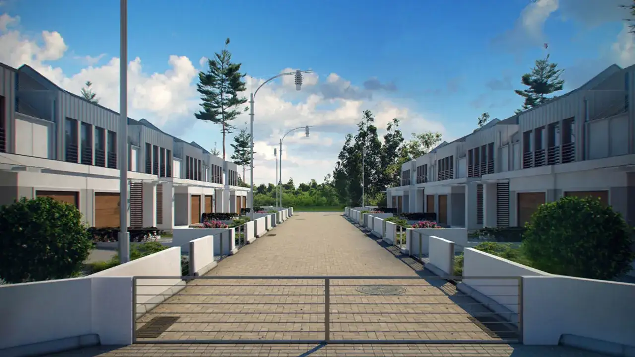 Nowoczesny projekt domu w zabudowie szeregowej z podjazdami i zielenią.
