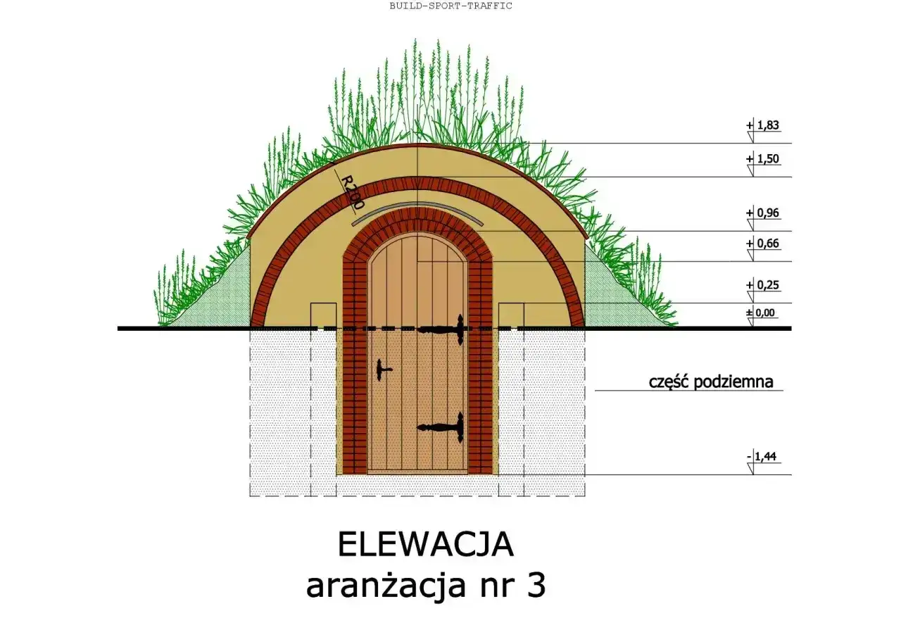 Ziemianka w skarpie, z drewnianymi drzwiami i ceglanym łukiem, porośnięta trawą. Projekt elewacji.