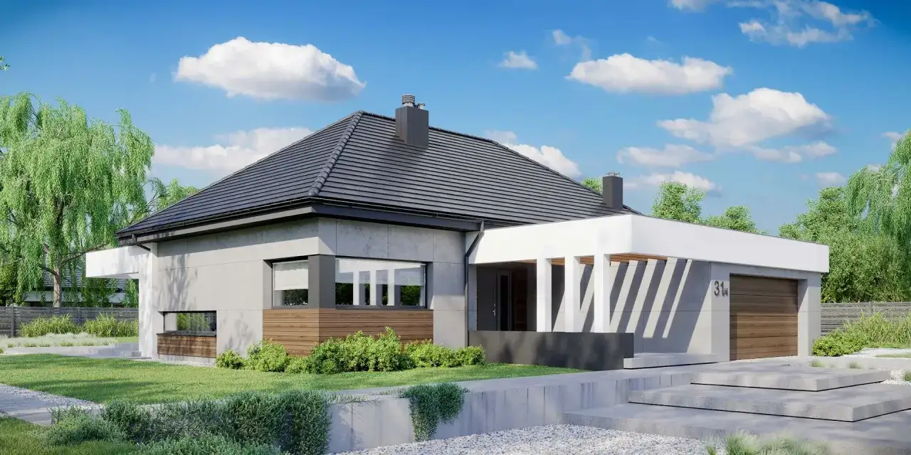 Nowoczesny dom jednorodzinny homekoncept 31 wariant 4 z betonową elewacją, drewnianymi elementami i garażem.