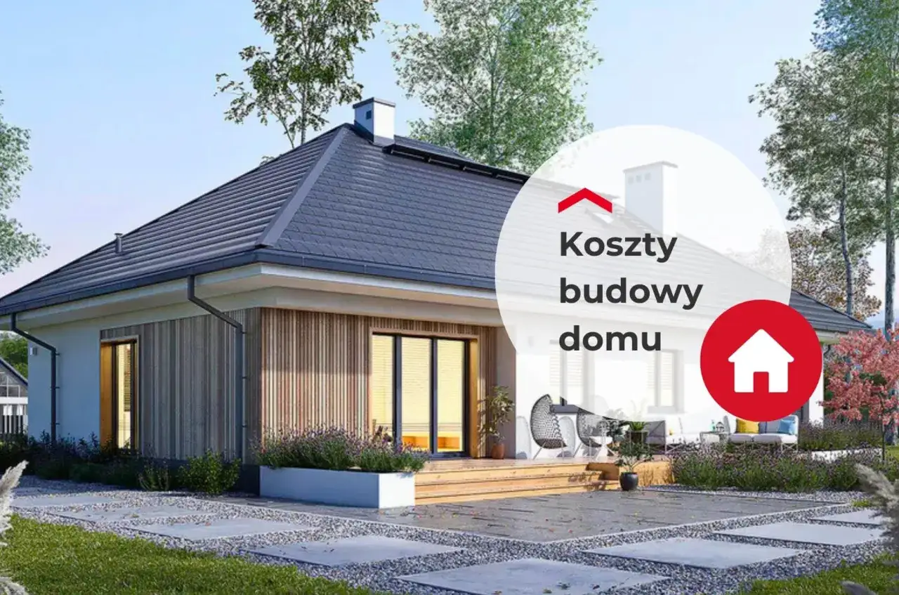 Nowoczesny dom jednorodzinny, projekt Adam, z tarasem i ogrodem. Na tle widoczny napis