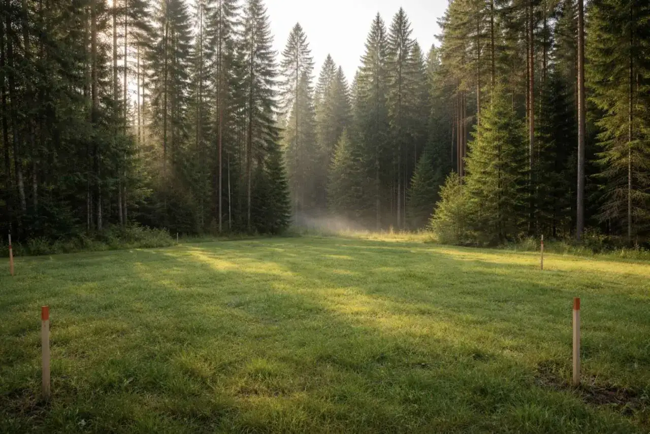 Poranna mgła unosi się nad polaną, tworząc magiczną atmosferę na tej działce leśnej. Promienie słońca przebijają się przez wysokie drzewa, oświetlając zieloną trawę.