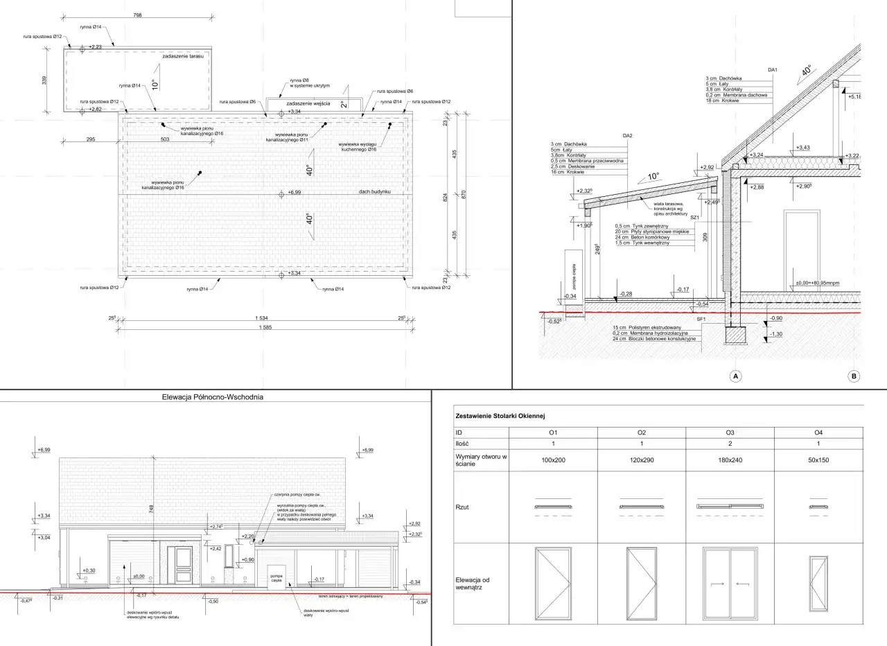 Projekt architektoniczno budowlany: przekrój i elewacje budynku z zestawieniem stolarki okiennej.