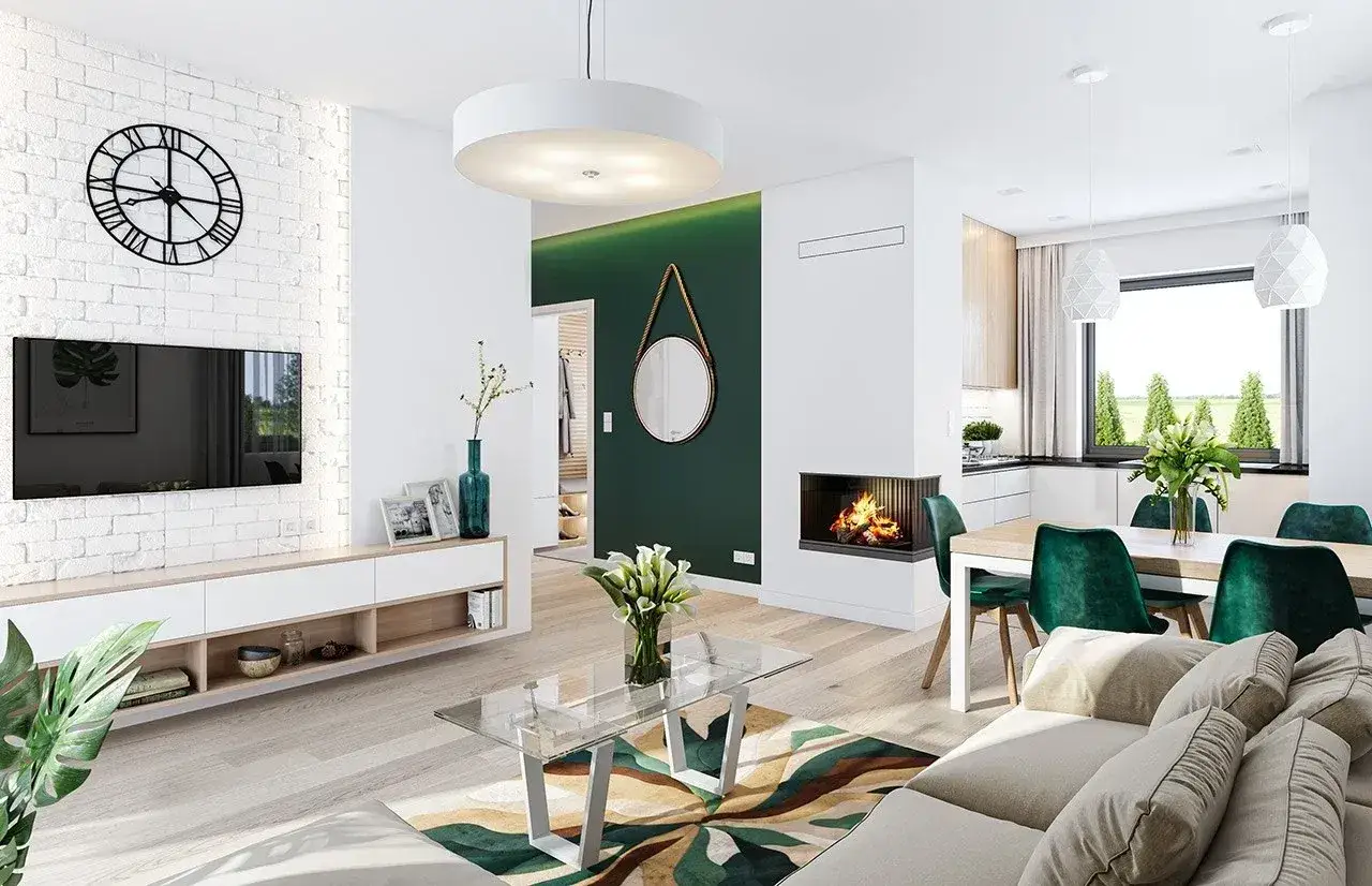 Nowoczesny salon z kominkiem i jadalnią, inspirowany projektem domu Kasia 2. Wygodna sofa, szklany stolik i zielone akcenty tworzą przytulną atmosferę.