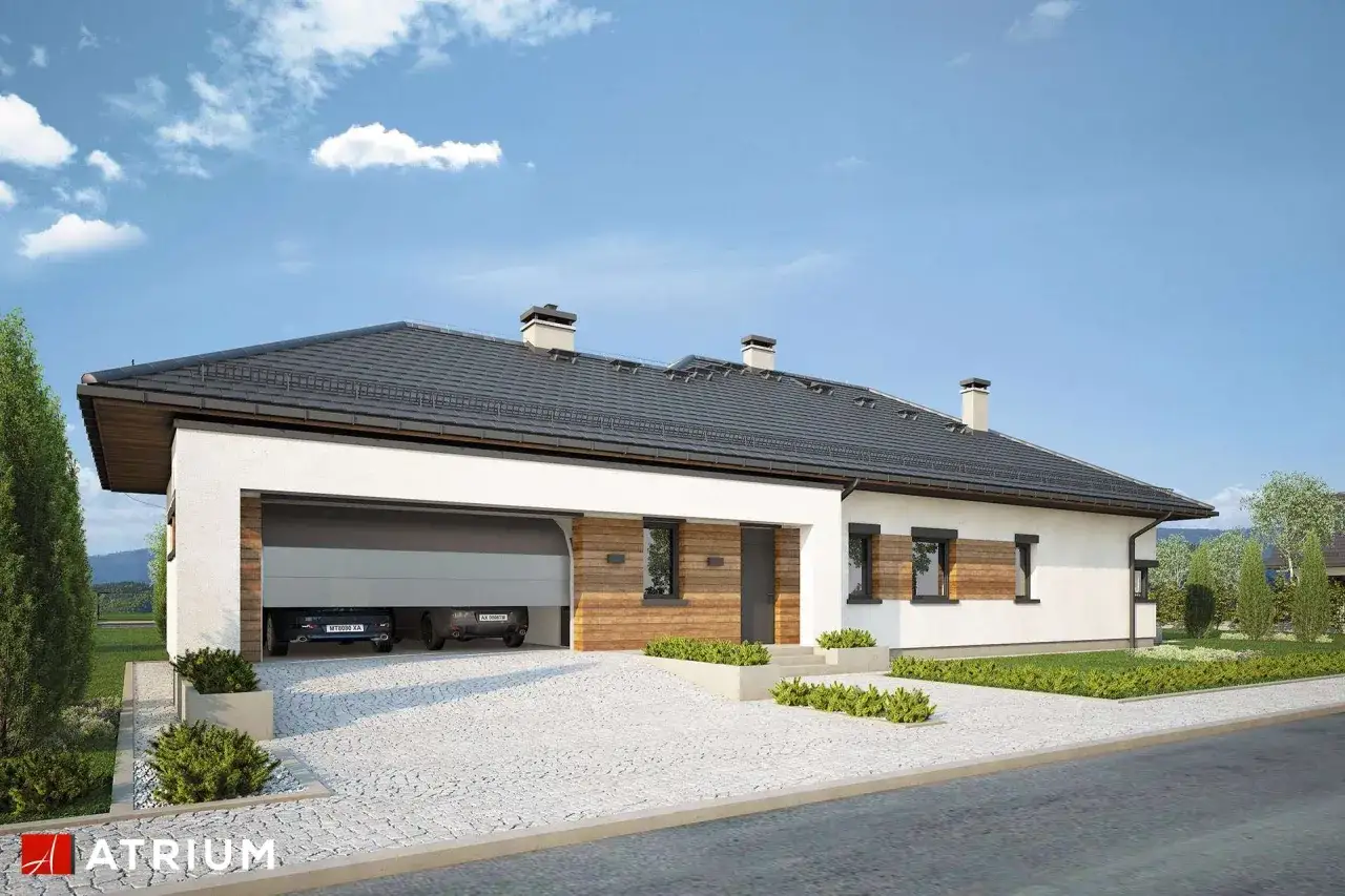 Nowoczesny dom z garażem, w którym stoją dwa samochody. Elewacja biała z drewnianymi elementami. Projekt homekoncept 26 wariant 12.