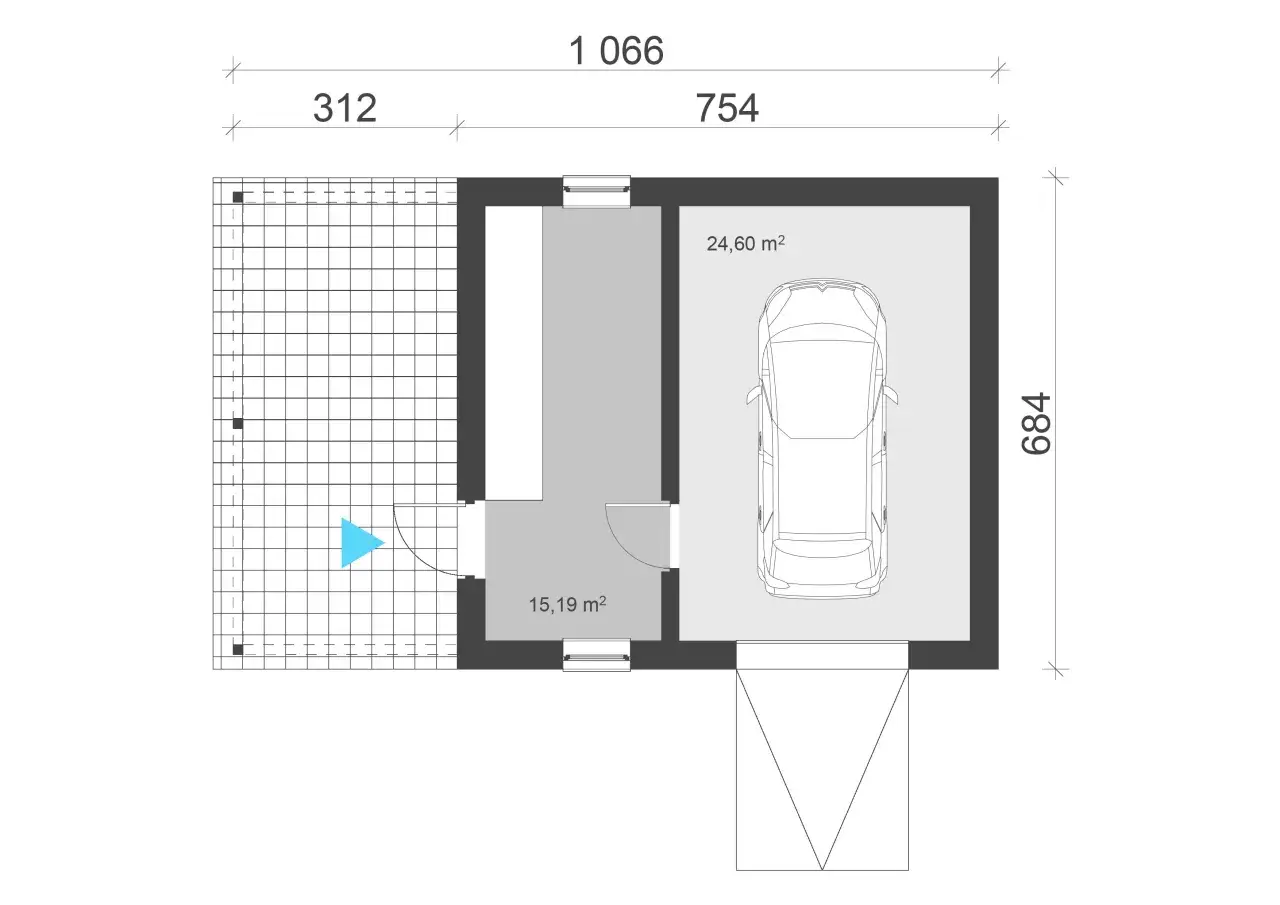 Projekt garażu jednostanowiskowego z miejscem na samoch&oacute;d (24,60 m&sup2;) i pomieszczeniem gospodarczym (15,19 m&sup2;).